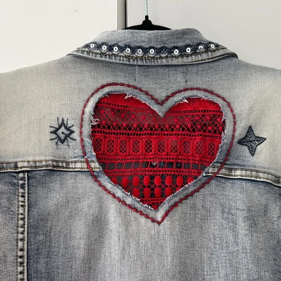 Desigual Light-Wash Denim Jacket with Navy & White Striped Knit Sleeves - Picture 6 of 10